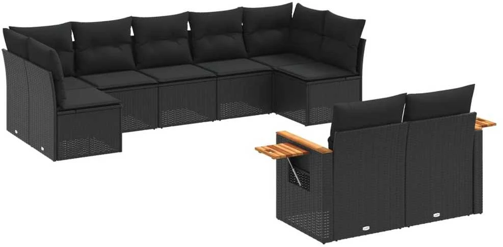 Lauko baldų komplektas Sodo komplektas su pagalvėlėmis, 9 dalių, juodas, poliratanas