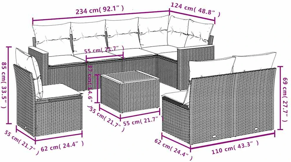 Lauko baldų komplektas Sodo komplektas su pagalvėlėmis, 9 dalių, juodas, poliratanas