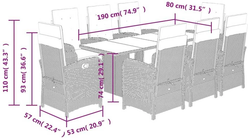 Lauko baldų komplektas Sodo komplektas su pagalvėlėmis, 9 dalių, juodas, poliratanas