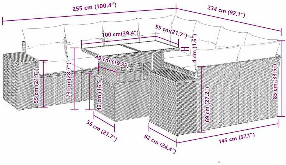 Lauko baldų komplektas Sodo komplektas su pagalvėlėmis, 9 dalių, juodas, poliratanas