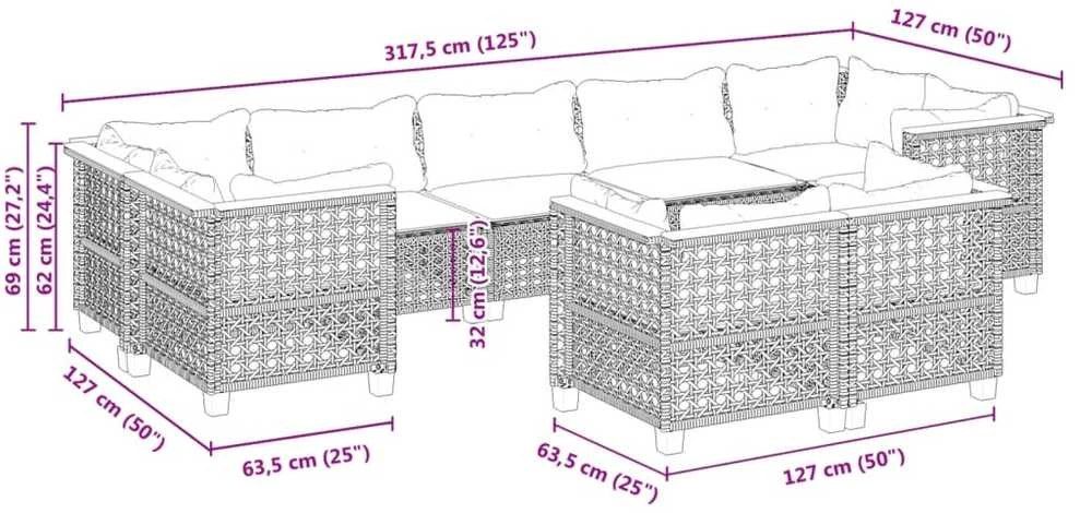 Lauko baldų komplektas Sodo komplektas su pagalvėlėmis, 9 dalių, juodas, poliratanas