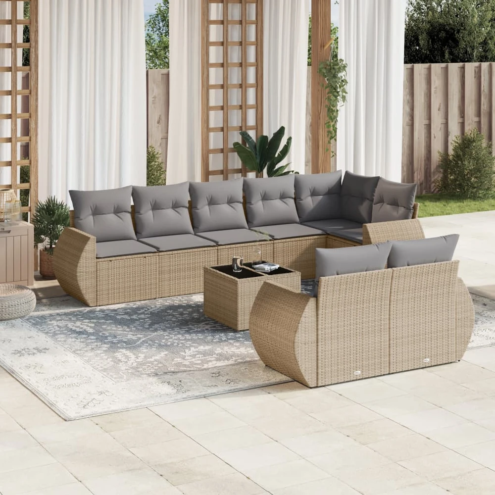 Sofa Sodo komplektas su pagalvėlėmis, 9 dalių, smėlio, poliratanas