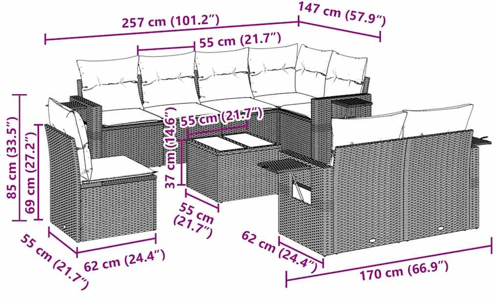 Lauko baldų komplektas Sodo komplektas su pagalvėlėmis, 9 dalių, juodas, poliratanas