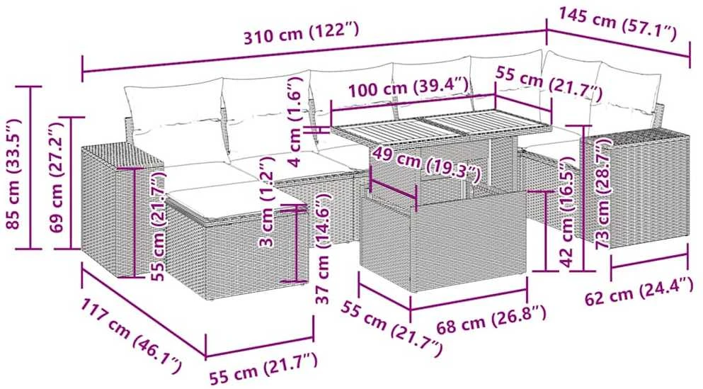 Sofa Sodo komplektas su pagalvėlėmis, 9 dalių, poliratanas/akacija