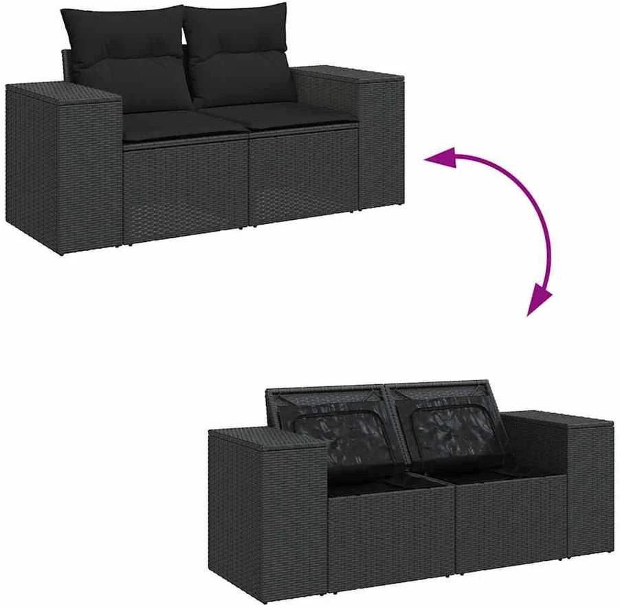 Sofa Sodo komplektas su pagalvėlėmis, 9 dalių, juodas, poliratanas