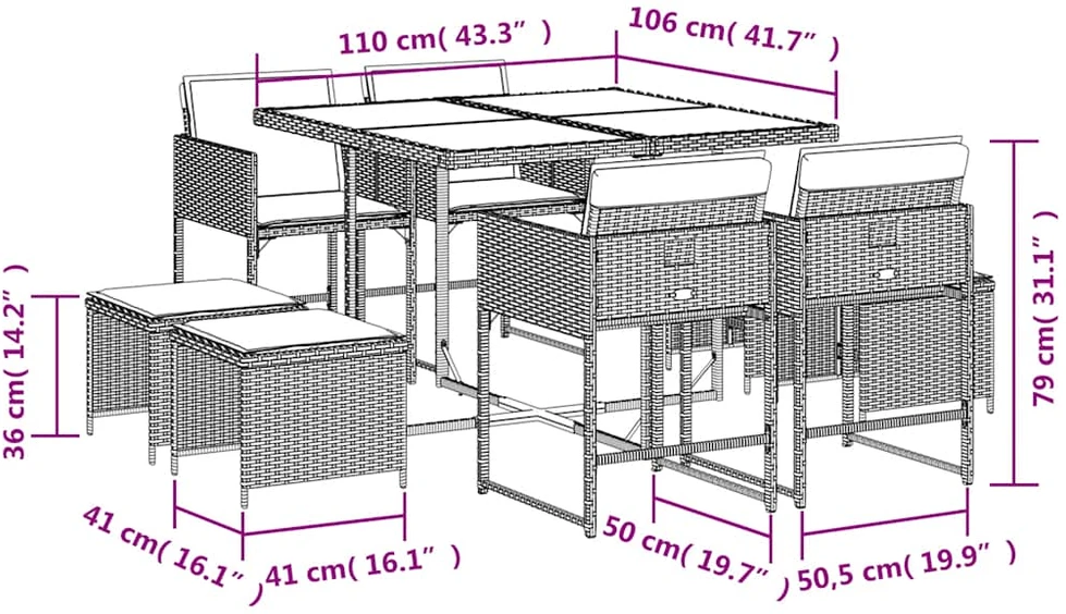 Lauko baldų komplektas Sodo komplektas su pagalvėlėmis, 9 dalių, smėlio, poliratanas