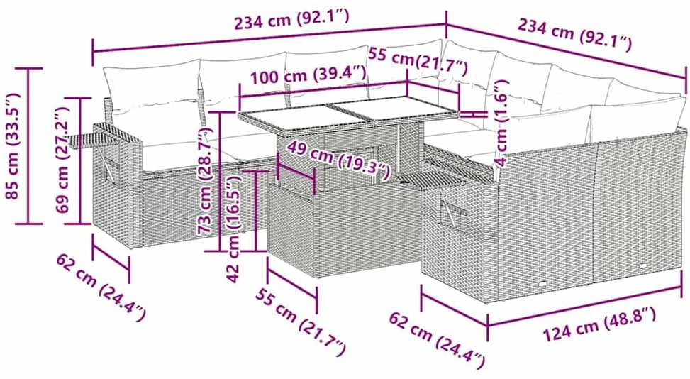 Lauko baldų komplektas Sodo komplektas su pagalvėlėmis, 9 dalių, rudas, poliratanas