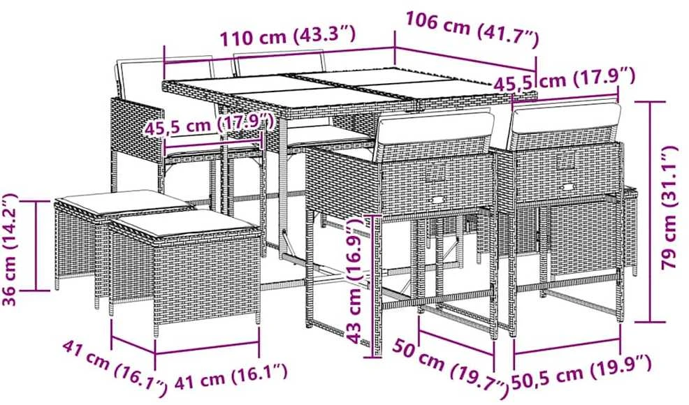 Lauko baldų komplektas Sodo komplektas su pagalvėlėmis, 9 dalių, pilkas, poliratanas