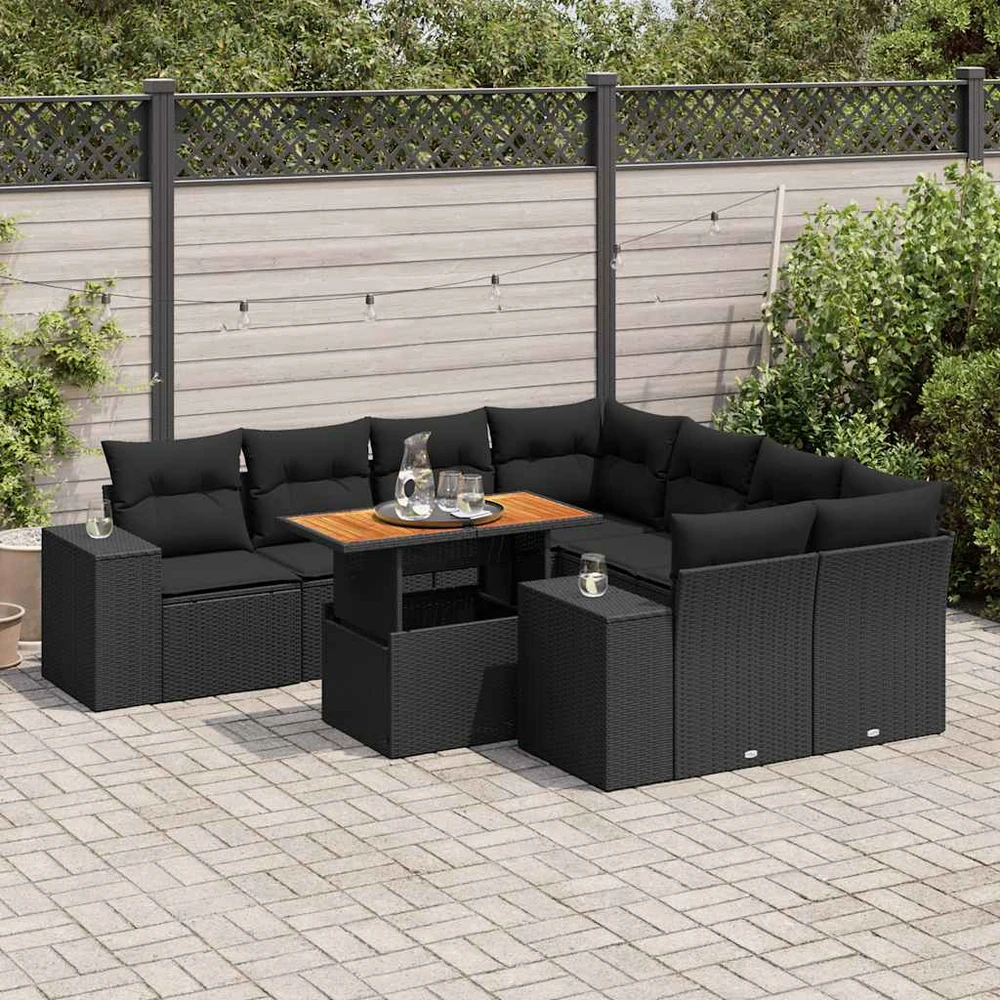Sofa Sodo komplektas su pagalvėlėmis, 9 dalių, juodas, poliratanas
