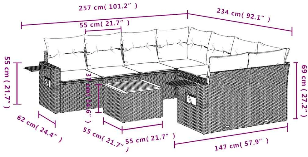 Lauko baldų komplektas Sodo komplektas su pagalvėlėmis, 9 dalių, juodas, poliratanas