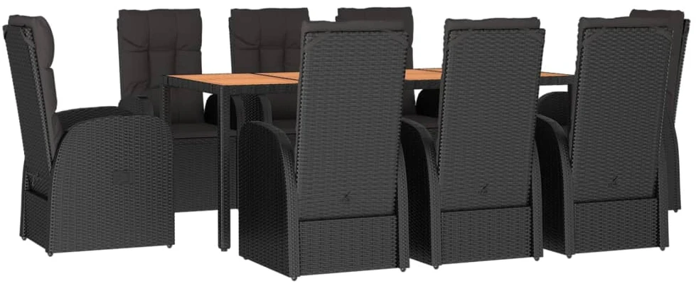 Lauko baldų komplektas Sodo komplektas su pagalvėlėmis, 9 dalių, juodas, poliratanas