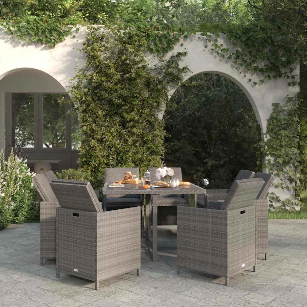 Lauko baldų komplektas Sodo komplektas su pagalvėlėmis, 9 dalių, pilkas, poliratanas