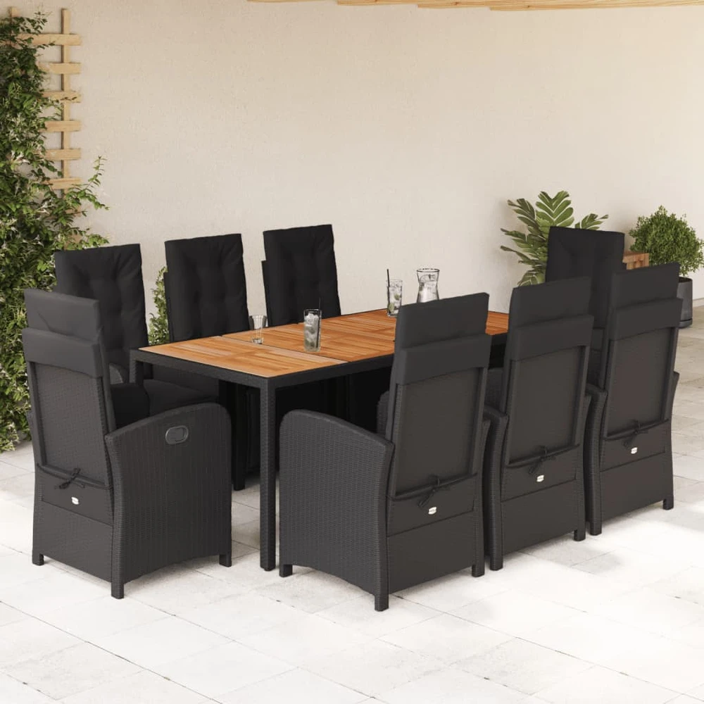 Sofa Sodo komplektas su pagalvėlėmis, 9 dalių, juodas, poliratanas