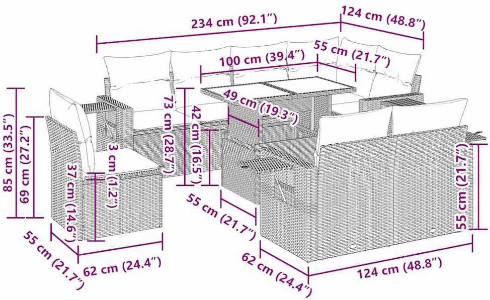 Lauko baldų komplektas Sodo komplektas su pagalvėlėmis, 9 dalių, juodas, poliratanas