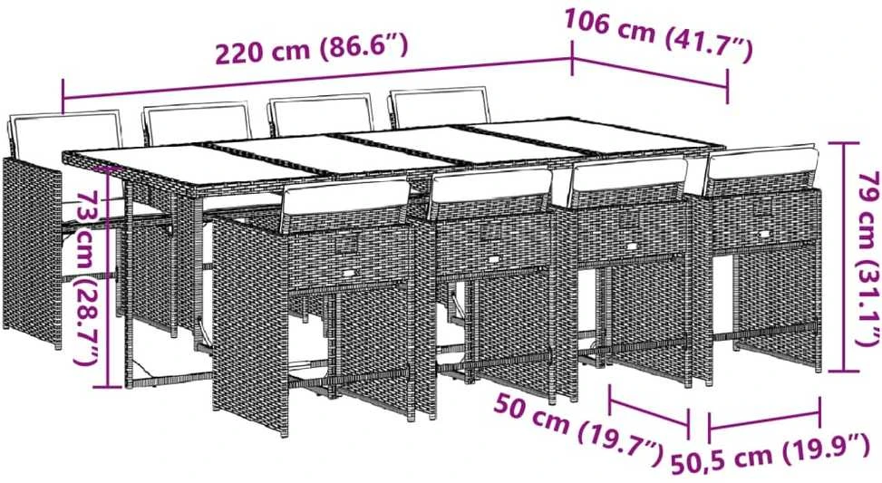 Lauko baldų komplektas Sodo komplektas su pagalvėlėmis, 9 dalių, pilkas, poliratanas
