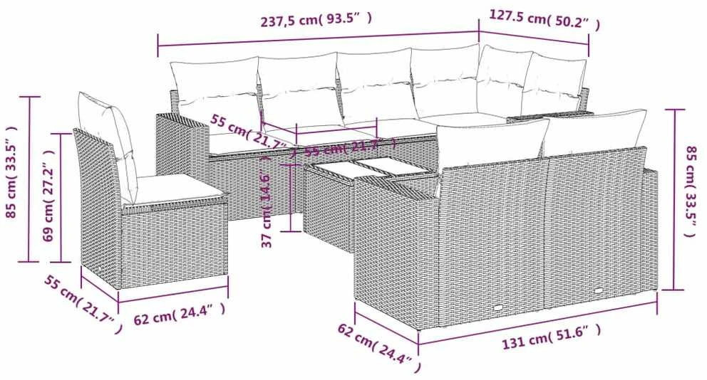 Sodo komplektas su pagalvėlėmis, 9 dalių, rudas, poliratanas
