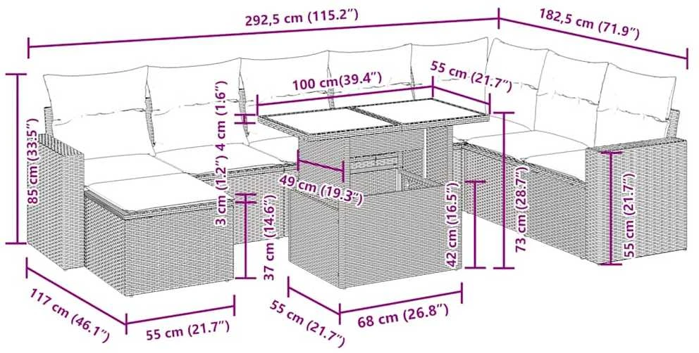 Lauko baldų komplektas Sodo komplektas su pagalvėlėmis, 9 dalių, smėlio, poliratanas