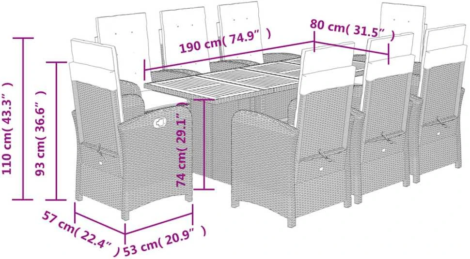 Lauko baldų komplektas Sodo komplektas su pagalvėlėmis, 9 dalių, juodas, poliratanas