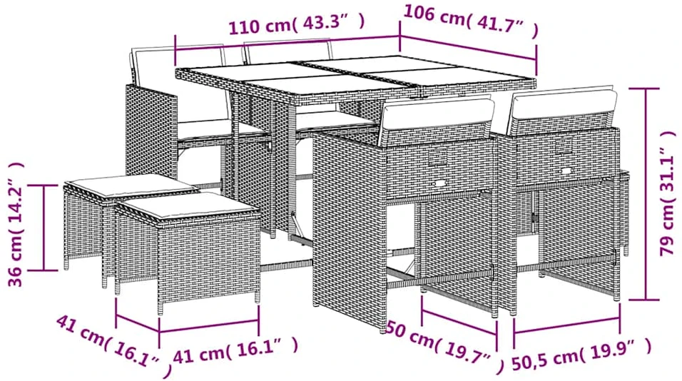 Lauko baldų komplektas Sodo komplektas su pagalvėlėmis, 9 dalių, smėlio, poliratanas