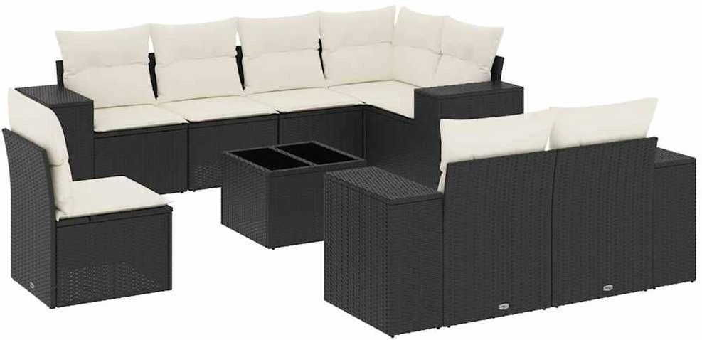 Lauko baldų komplektas Sodo komplektas su pagalvėlėmis, 9 dalių, juodas, poliratanas