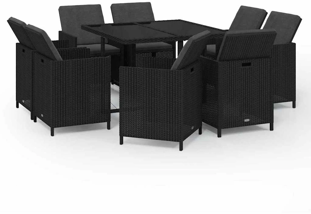 Lauko baldų komplektas Sodo komplektas su pagalvėlėmis, 9 dalių, juodas, poliratanas