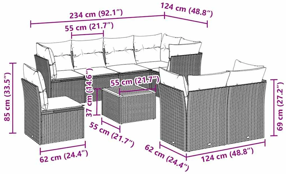 Lauko baldų komplektas Sodo komplektas su pagalvėlėmis, 9 dalių, juodas, poliratanas