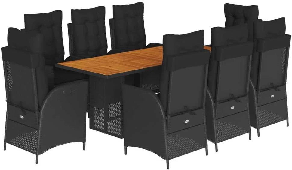 Lauko baldų komplektas Sodo komplektas su pagalvėlėmis, 9 dalių, juodas, poliratanas