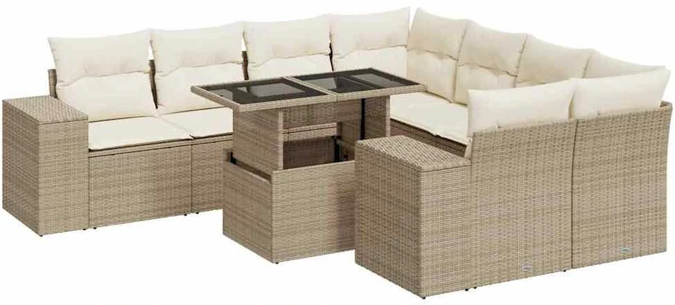 Sodo komplektas su pagalvėlėmis, 9 dalių, smėlio, poliratanas