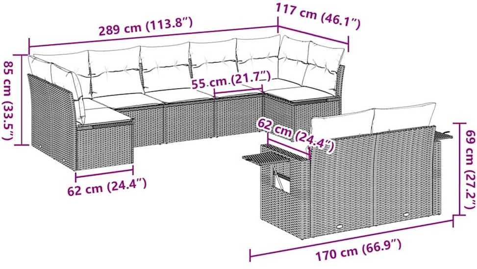 Lauko baldų komplektas Sodo komplektas su pagalvėlėmis, 9 dalių, rudas, poliratanas