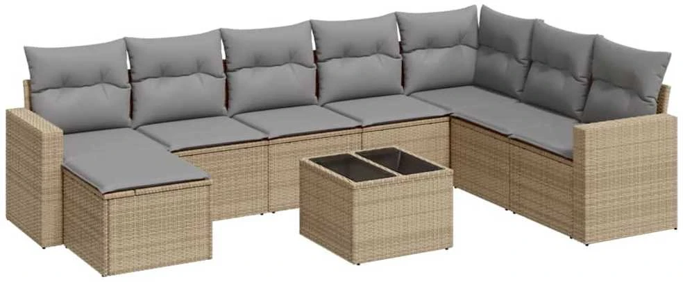 Sofa Sodo komplektas su pagalvėlėmis, 9 dalių, smėlio, poliratanas