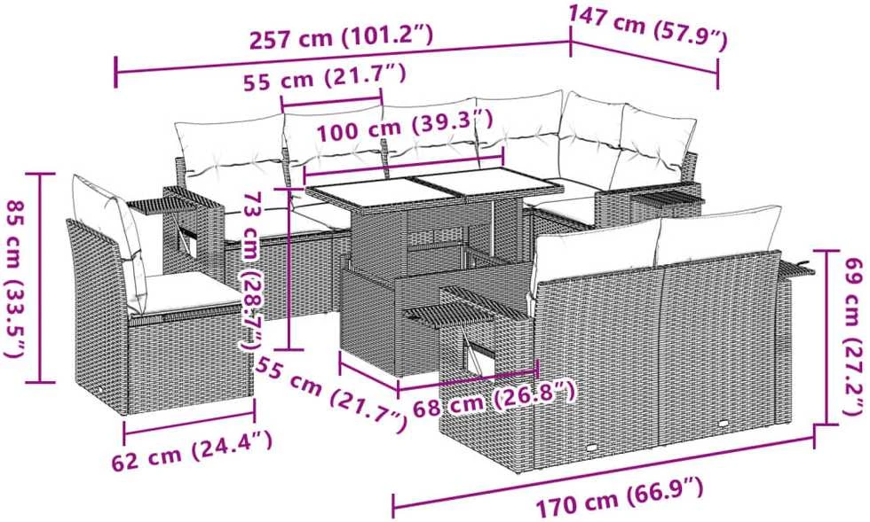 Lauko baldų komplektas Sodo komplektas su pagalvėlėmis, 9 dalių, rudas, poliratanas