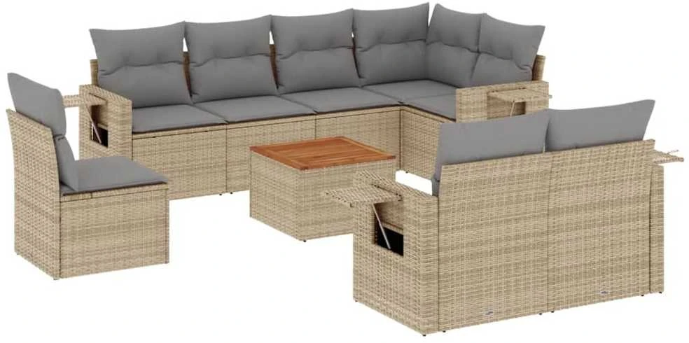 Sofa Sodo komplektas su pagalvėlėmis, 9 dalių, smėlio, poliratanas