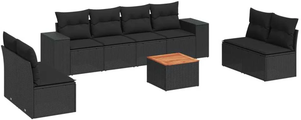 Sofa Sodo komplektas su pagalvėlėmis, 9 dalių, juodas, poliratanas