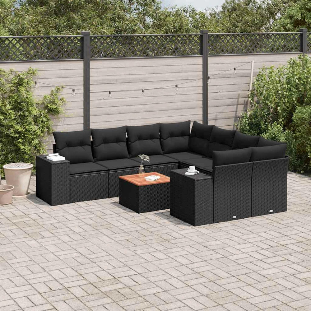 Sofa Sodo komplektas su pagalvėlėmis, 9 dalių, juodas, poliratanas
