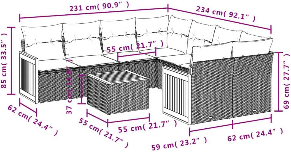 Sofa Sodo komplektas su pagalvėlėmis, 9 dalių, smėlio, poliratanas