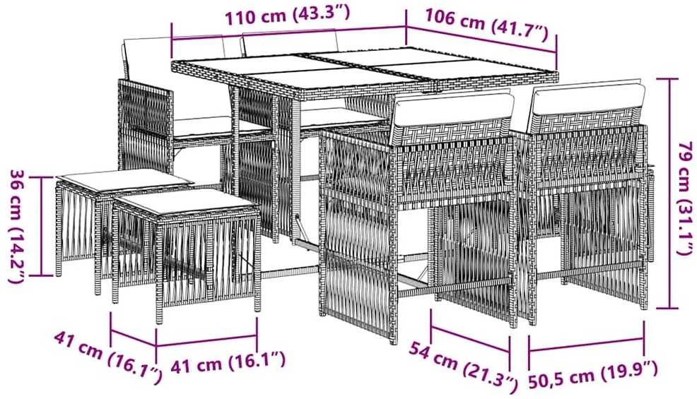 Lauko baldų komplektas Sodo komplektas su pagalvėlėmis, 9 dalių, rudas, poliratanas