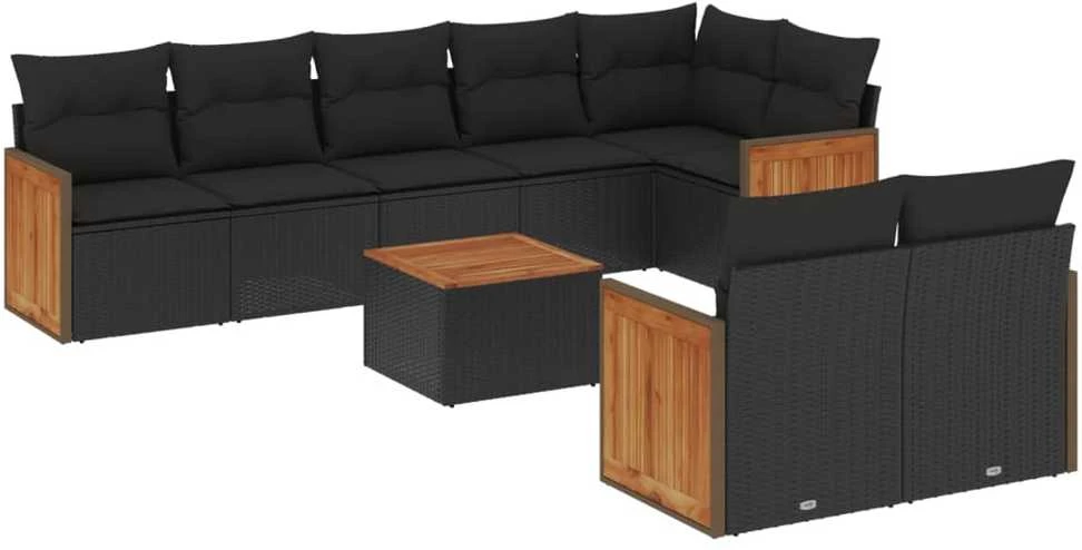 Lauko baldų komplektas Sodo komplektas su pagalvėlėmis, 9 dalių, juodas, poliratanas