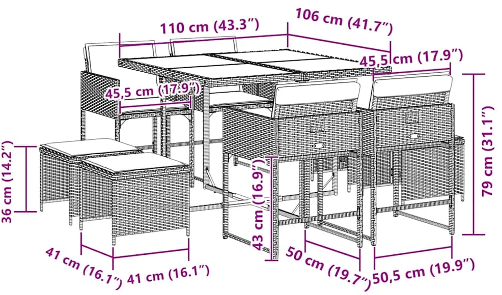 Sodo komplektas su pagalvėlėmis, 9 dalių, pilkas, poliratanas