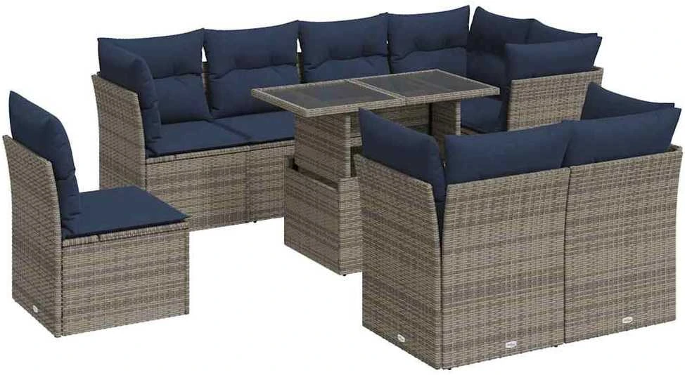 Sofa Sodo komplektas su pagalvėlėmis, 9 dalių, poliratanas/akacija
