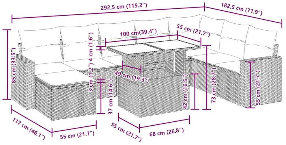 Lauko baldų komplektas Sodo komplektas su pagalvėlėmis, 9 dalių, juodas, poliratanas