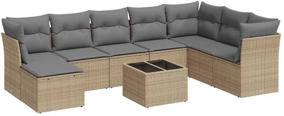 Sofa Sodo komplektas su pagalvėlėmis, 9 dalių, smėlio, poliratanas