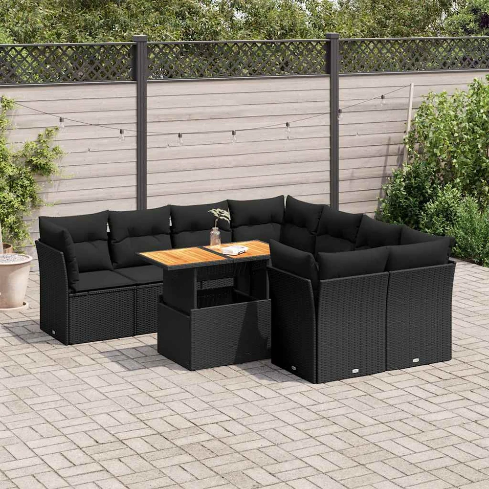 Sofa Sodo komplektas su pagalvėlėmis, 9 dalių, juodas, poliratanas