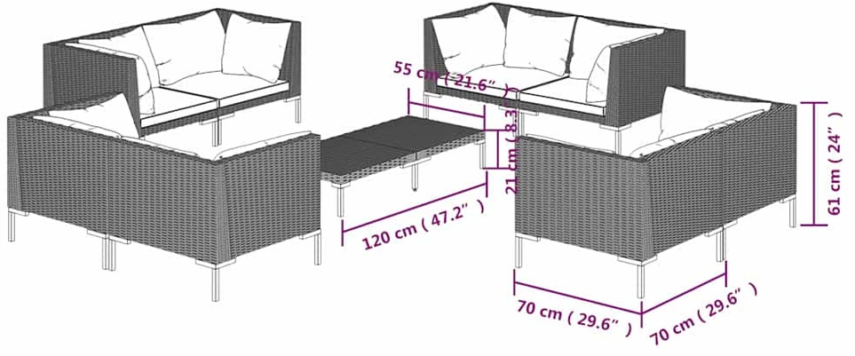 Sodo komplektas su pagalvėlėmis, 9 dalių, pilkas, poliratanas