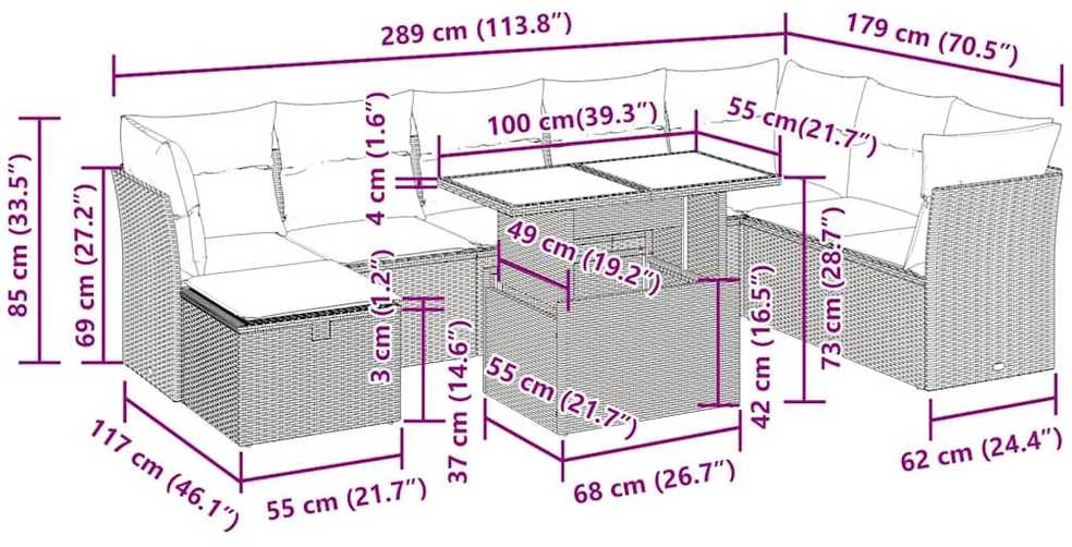 Lauko baldų komplektas Sodo komplektas su pagalvėlėmis, 9 dalių, poliratanas/akacija