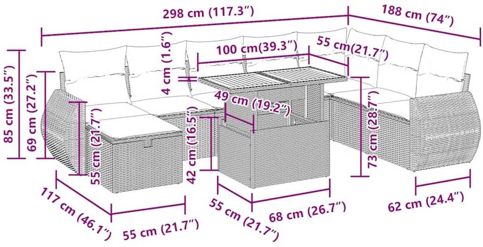 Lauko baldų komplektas Sodo komplektas su pagalvėlėmis, 9 dalių, poliratanas/akacija