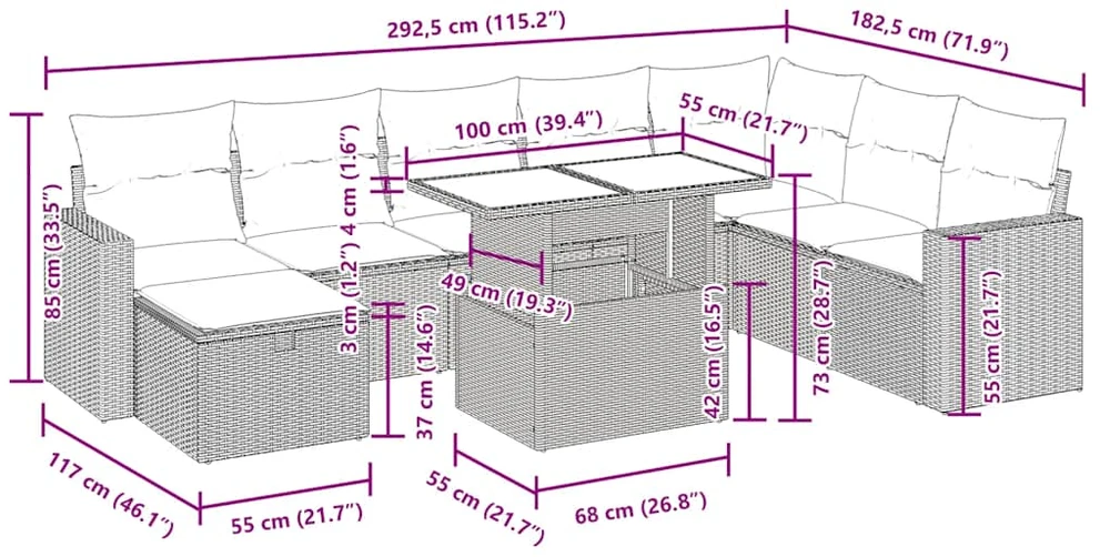 Sodo komplektas su pagalvėlėmis, 9 dalių, smėlio, poliratanas