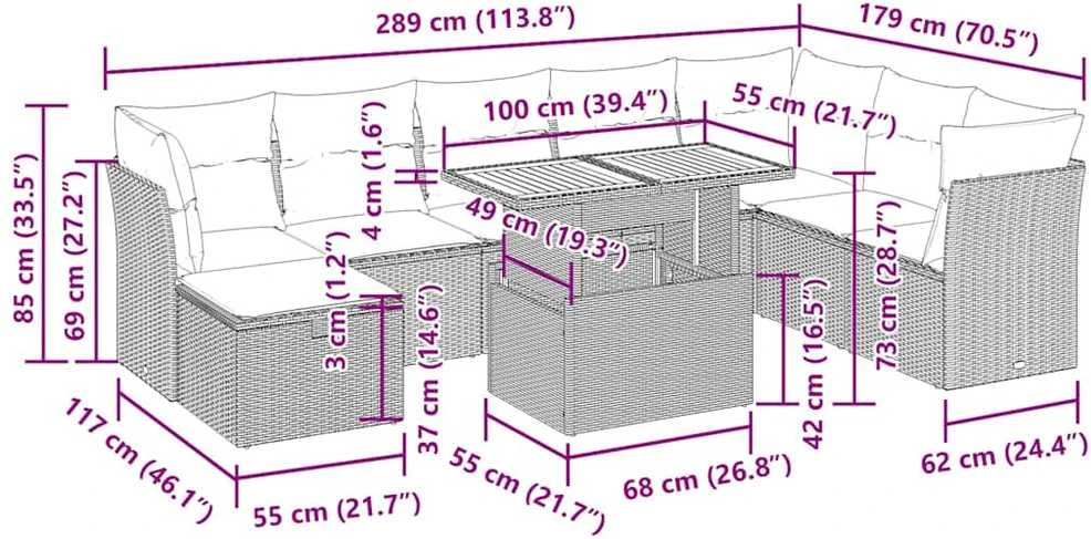 Lauko baldų komplektas Sodo komplektas su pagalvėlėmis, 9 dalių, poliratanas/akacija