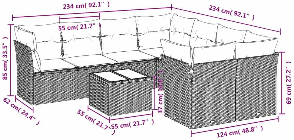 Lauko baldų komplektas Sodo komplektas su pagalvėlėmis, 9 dalių, rudas, poliratanas