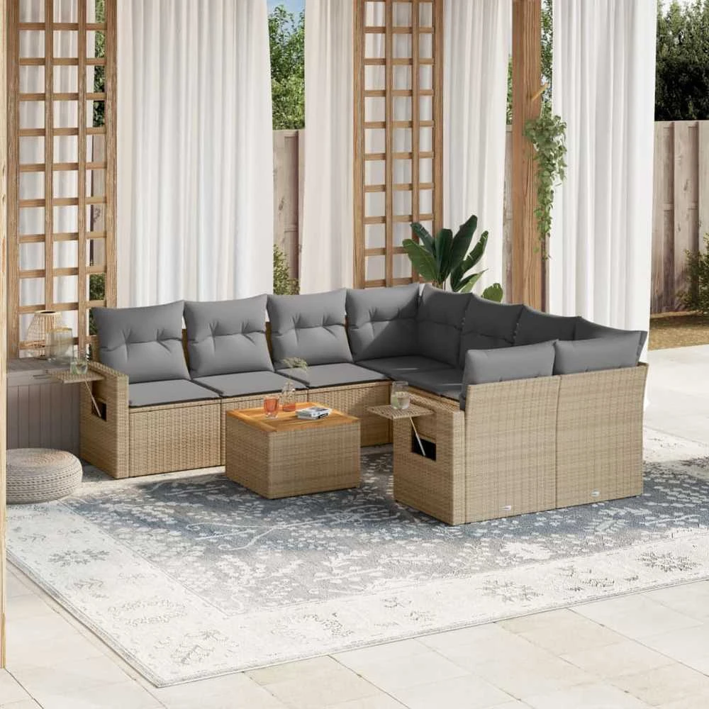 Sofa Sodo komplektas su pagalvėlėmis, 9 dalių, smėlio, poliratanas