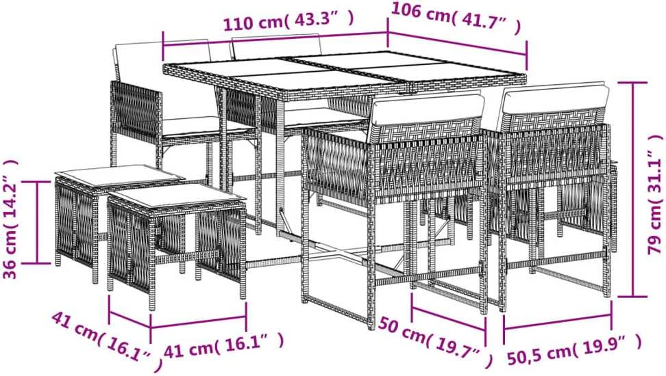Lauko baldų komplektas Sodo komplektas su pagalvėlėmis, 9 dalių, juodas, poliratanas